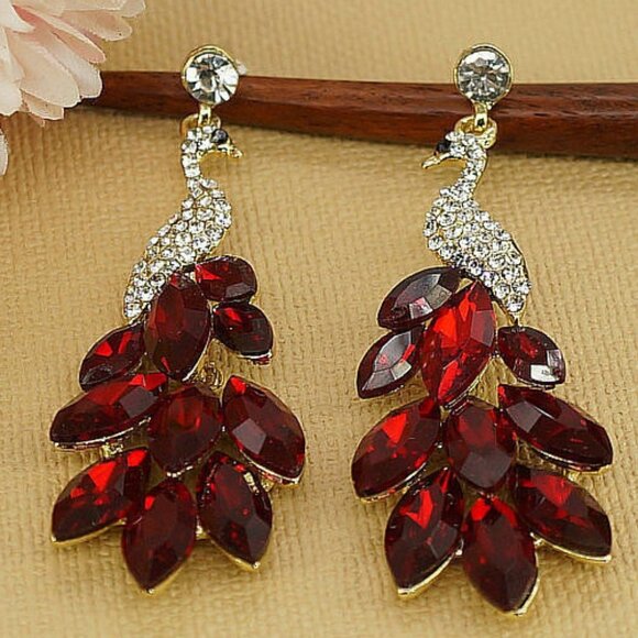 Red Rhinestone Peacock Earrings - Picture 1 of 1